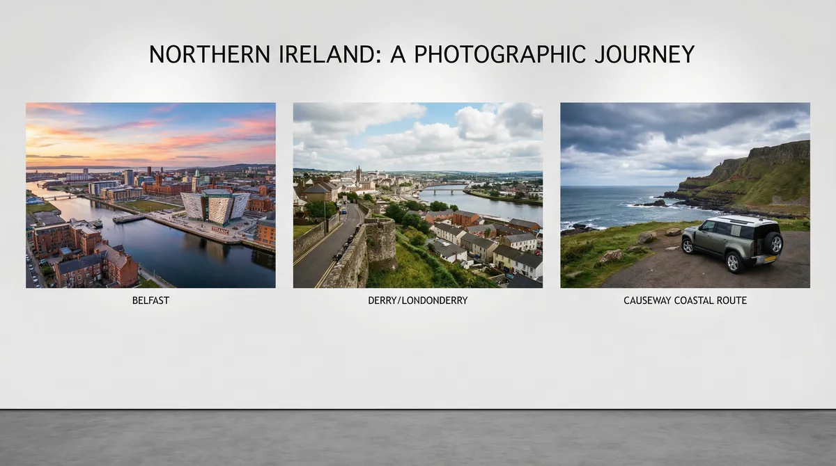 Montage of Belfast city, Derry walls, and a modern rental car on Causeway Coast