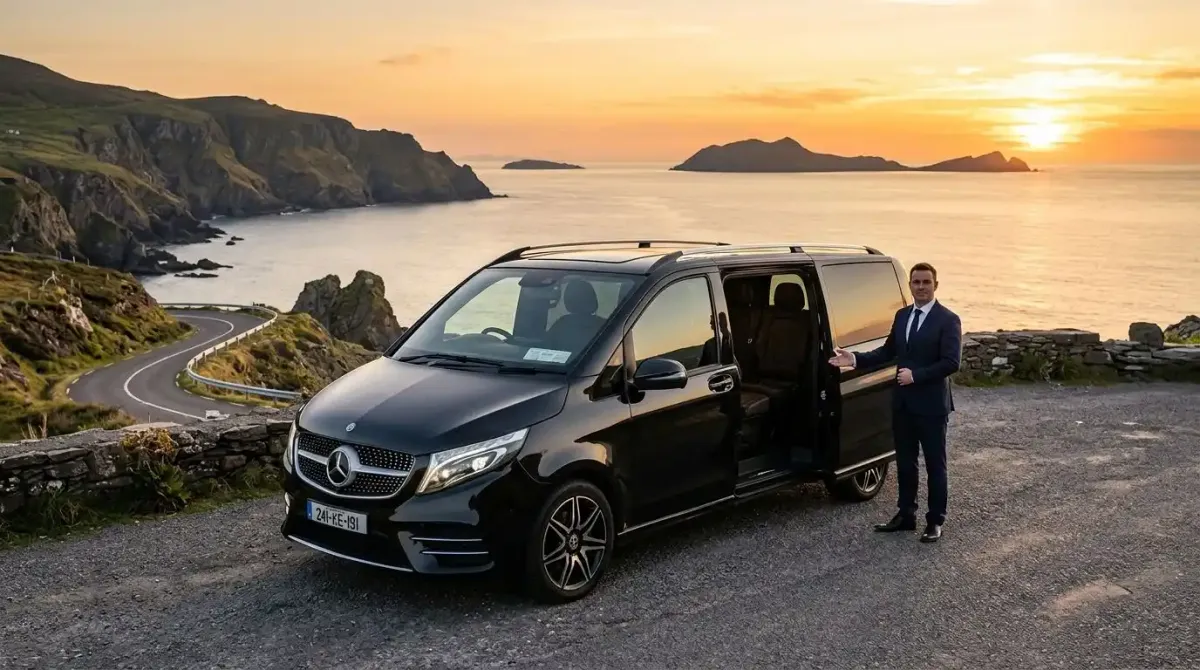 A premium Celtic Vacations private chauffeur vehicle waiting at a scenic peninsula overlook to collect luxury hikers.
