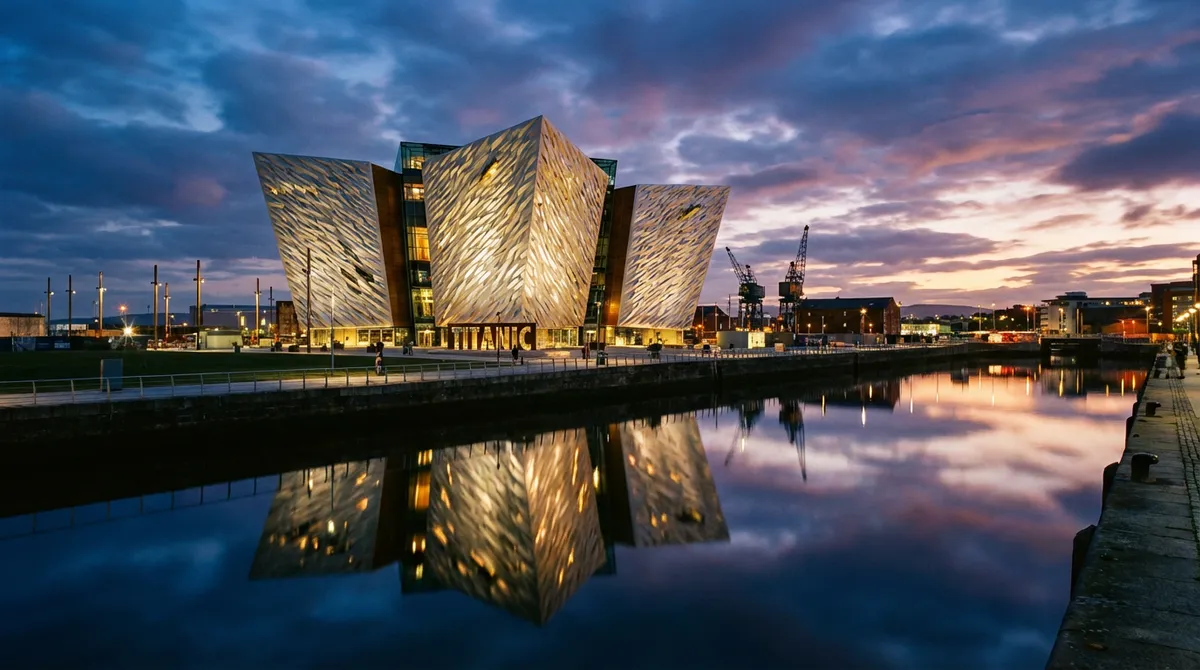 Titanic Belfast building illuminated at twilight, reflected in the water.