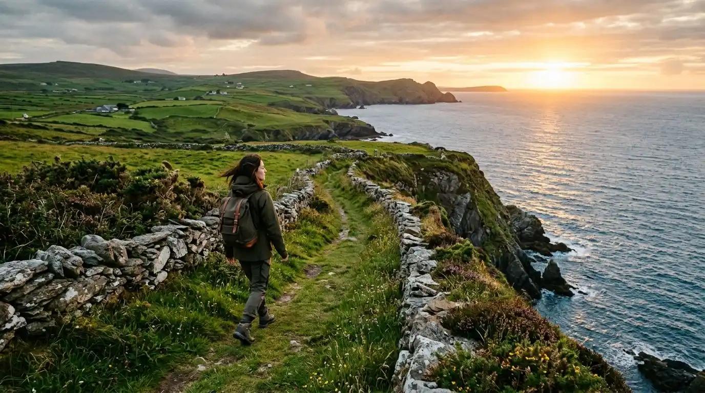 A premium traveler experiencing an intentional, slow-paced coastal walk on a custom luxury holiday in Ireland.
