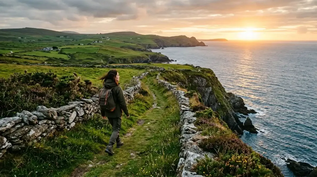 A premium traveler experiencing an intentional, slow-paced coastal walk on a custom luxury holiday in Ireland.