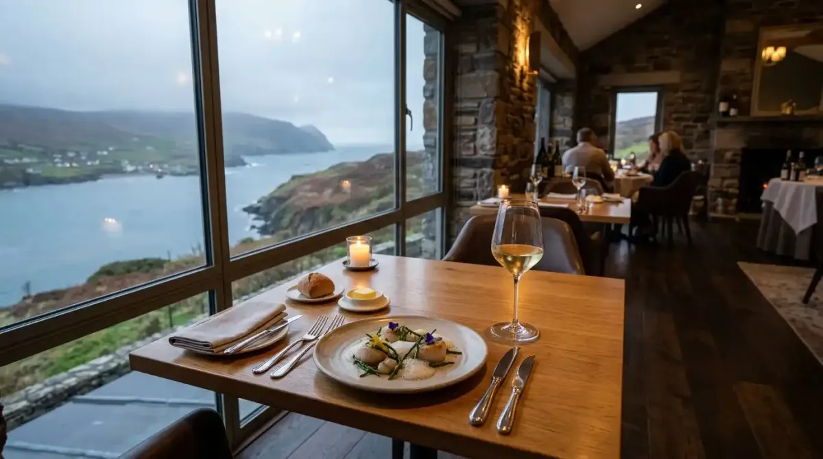 An elegant fine dining table overlooking the coastal landscapes of Ireland during a bespoke holiday.