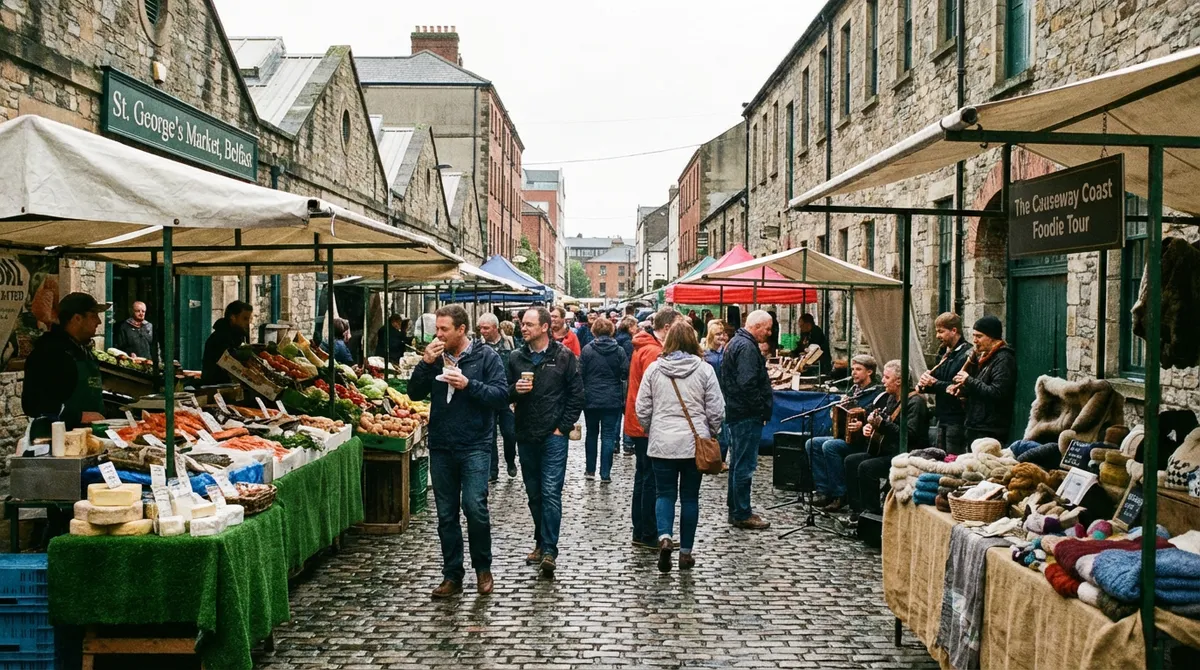 A bustling local food market in a Northern Irish town, with stalls of fresh produce and artisan crafts.