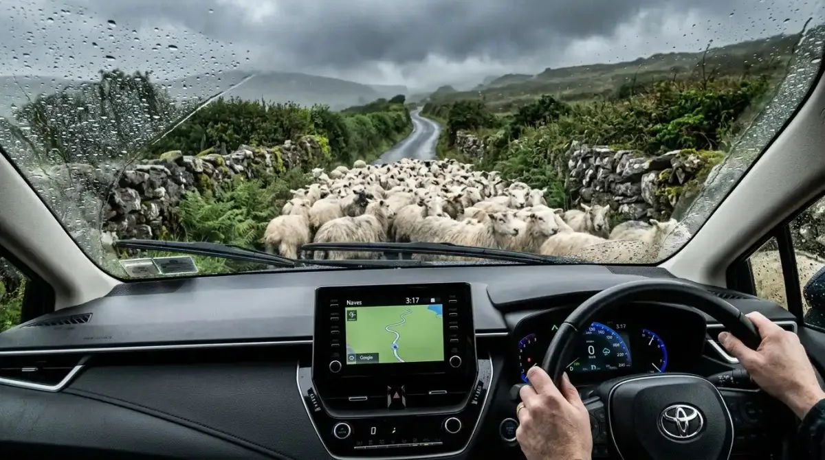 The stress of driving on narrow Irish roads during a self-drive vacation.