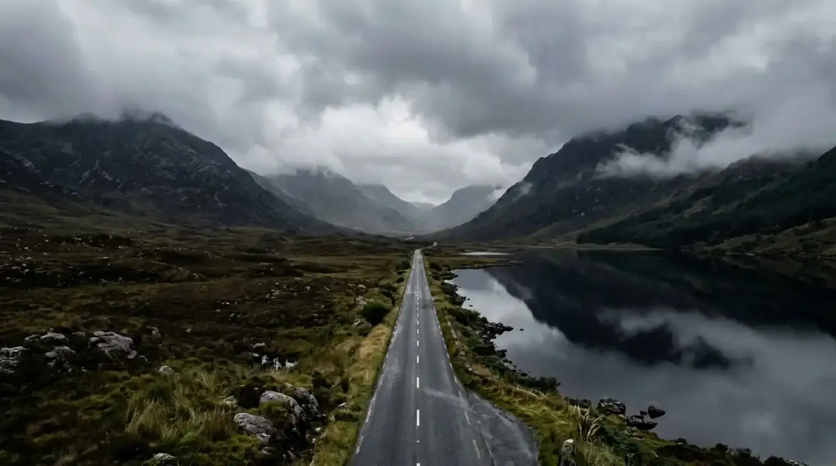 The scenic drive through the Inagh Valley in Connemara, flanked by the Twelve Bens mountains.