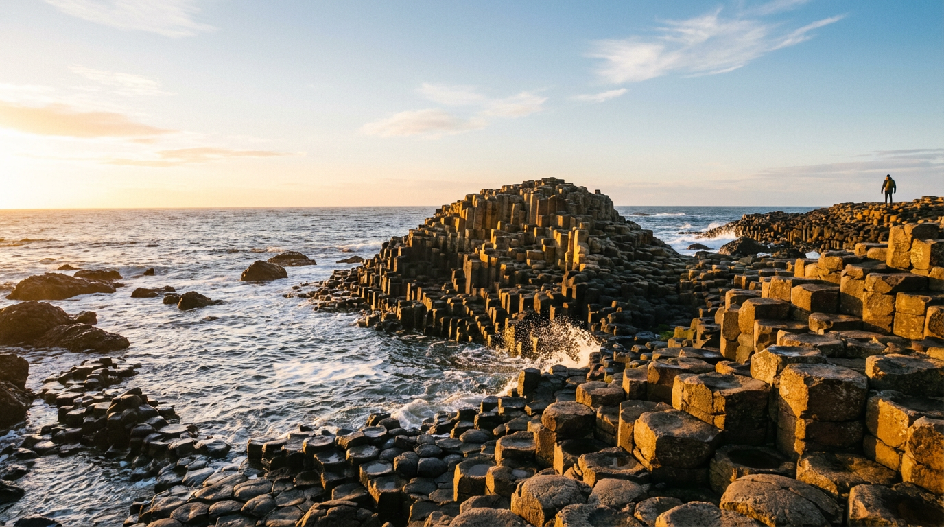 Dramatic sunset over the hexagonal basalt columns of the Giant's Causeway, Northern Ireland