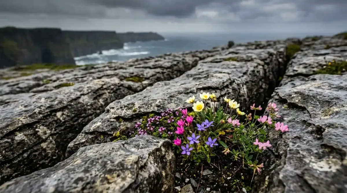 Rare wild alpine flowers growing in the limestone fissures of the Burren during a guided walk in Ireland.