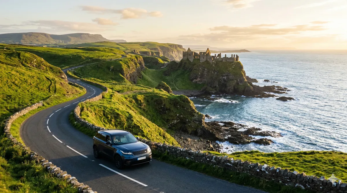 Modern SUV driving on a scenic coastal road in Northern Ireland with a distant castle and green hills