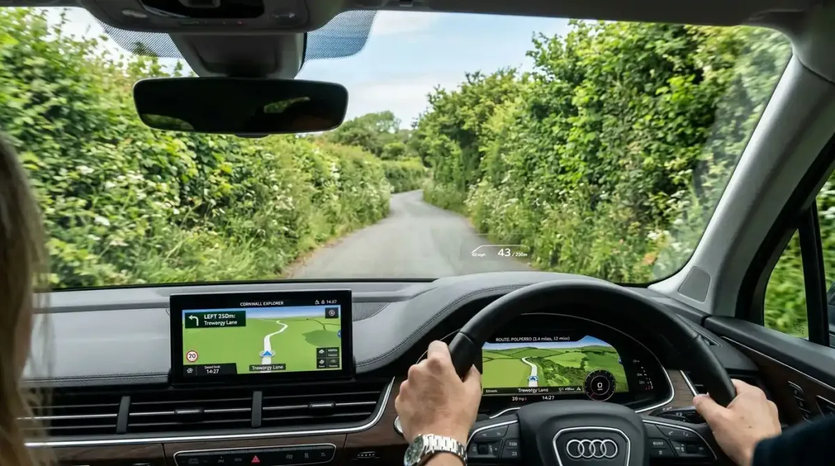 Navigating narrow regional lanes easily with a pre-programmed scenic GPS routing platform.