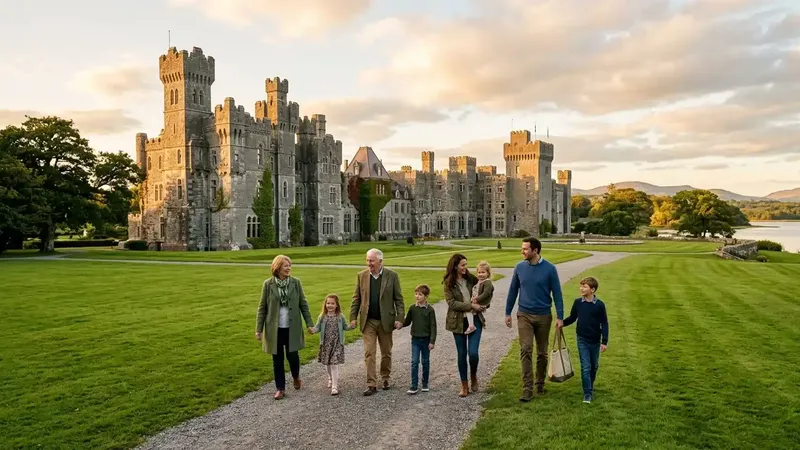A multi-generational family arriving for a luxury castle vacation at Ashford Castle, Ireland.