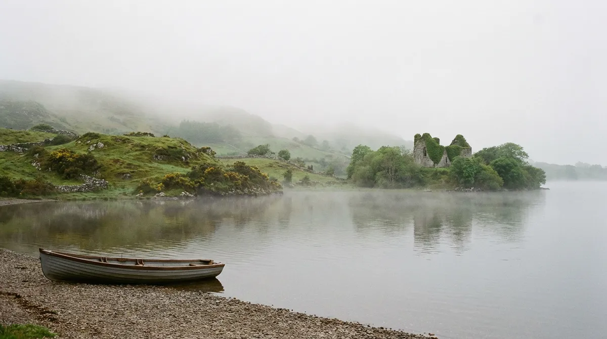 Serene, misty lake in the Irish Midlands with rolling green hills and ancient ruins