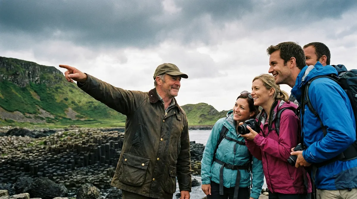 Local guide explaining a feature to a small group of travelers in Northern Ireland