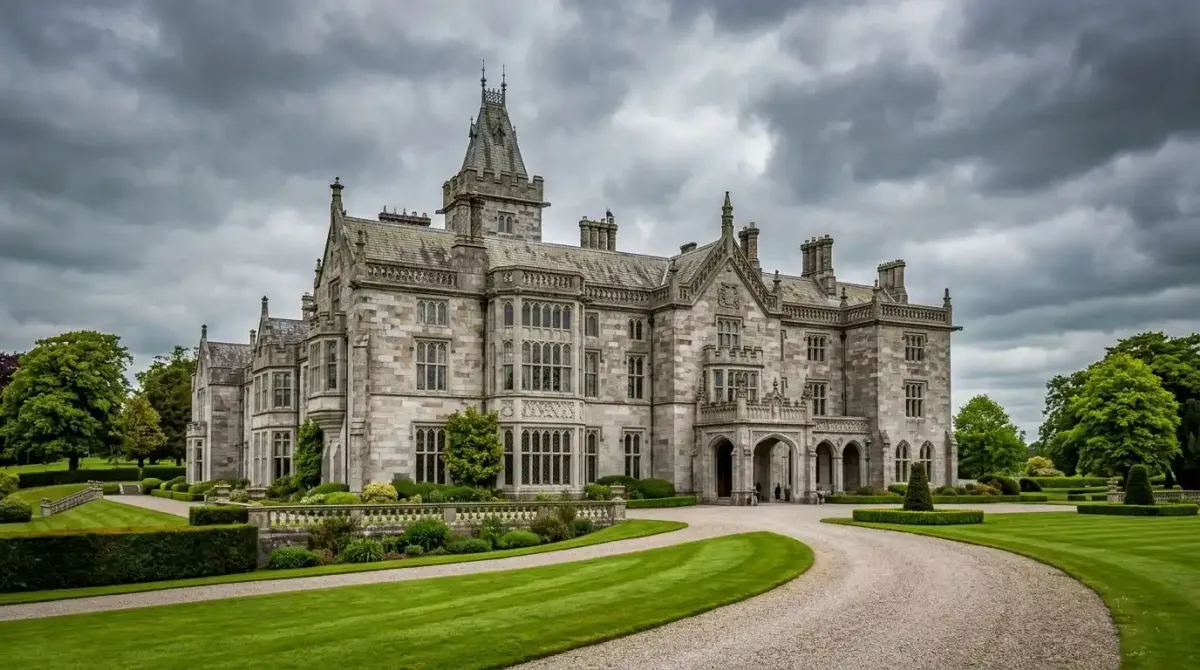 The neo-Gothic limestone exterior of Adare Manor in County Limerick.