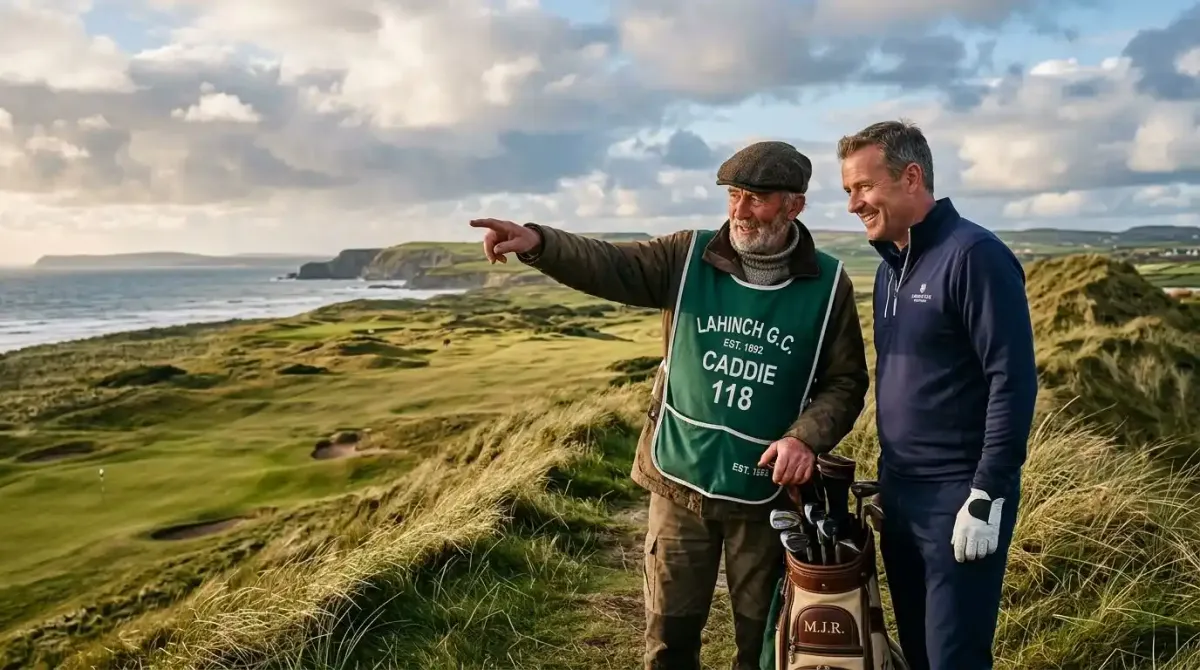 A professional local caddie pointing out the proper target line on a championship Irish links course.