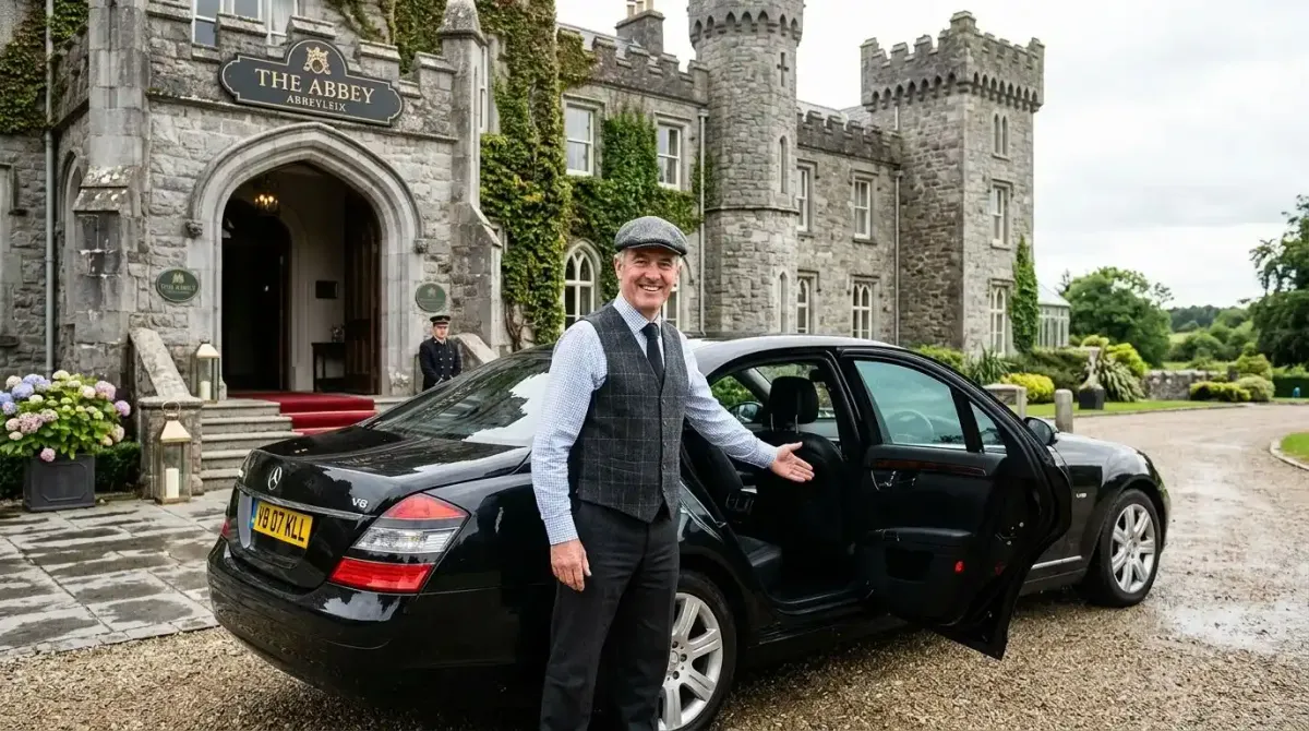 A professional private chauffeur welcoming guests outside a luxury castle hotel estate.