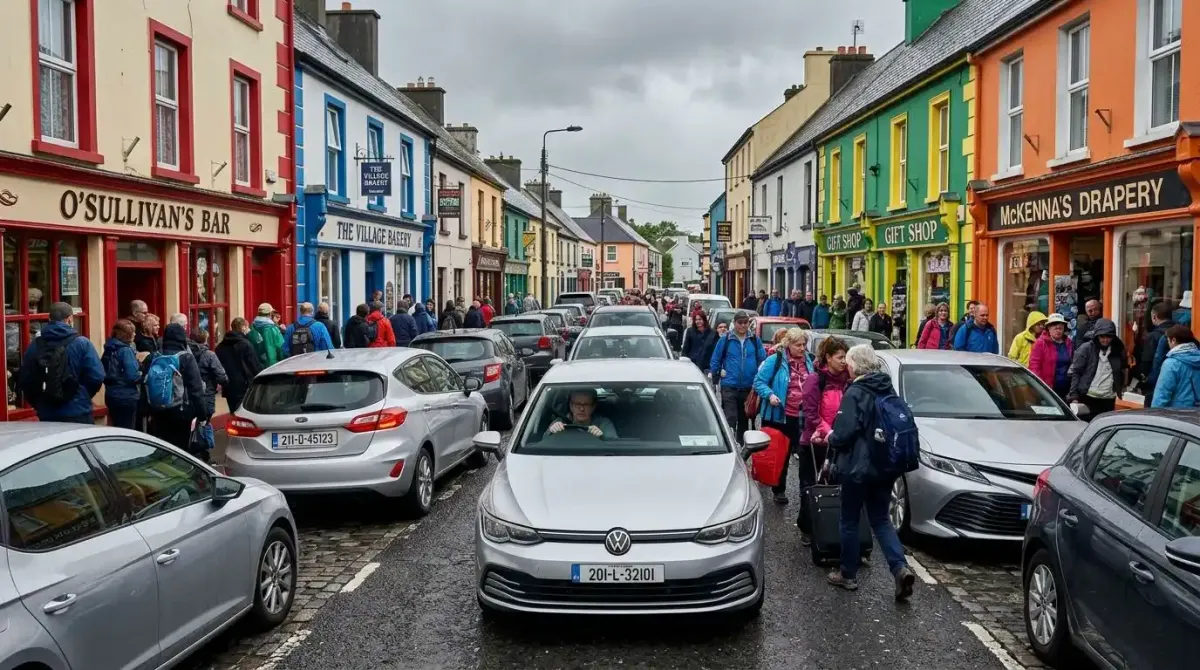 The logistical difficulty of managing multiple rental cars for a large family in an Irish village.