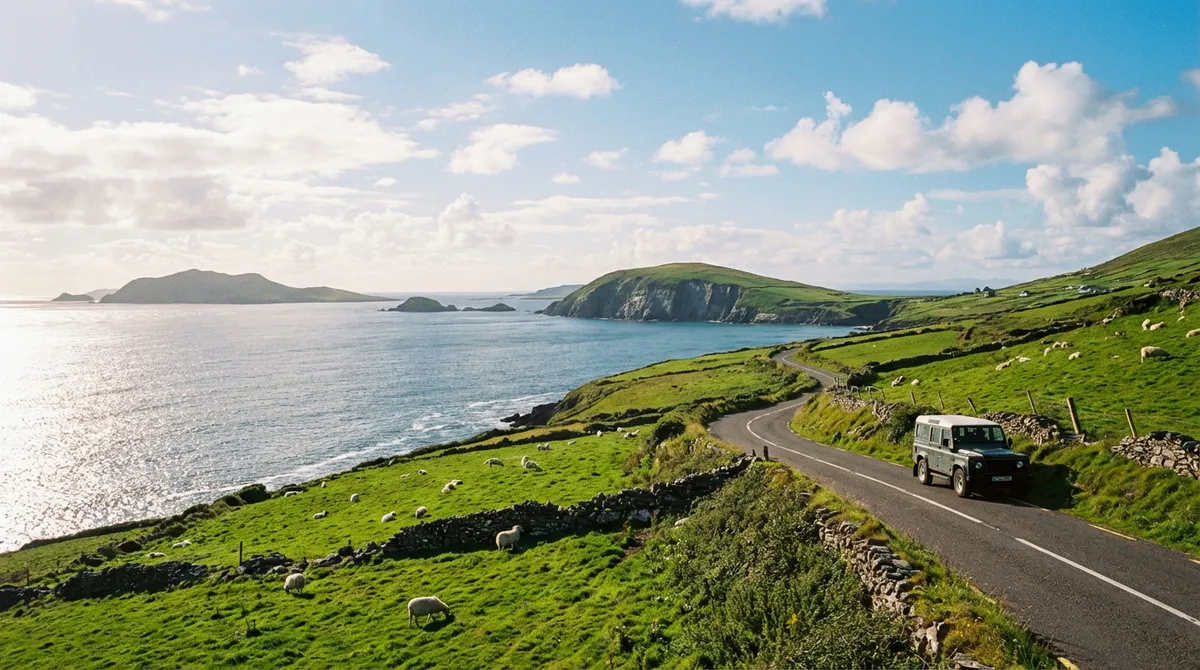 Scenic vista of the Ring of Kerry with green hills and ocean