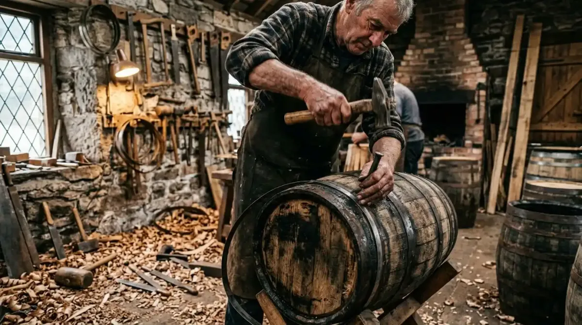 A local master cooper working on a traditional oak whiskey cask in Ireland.