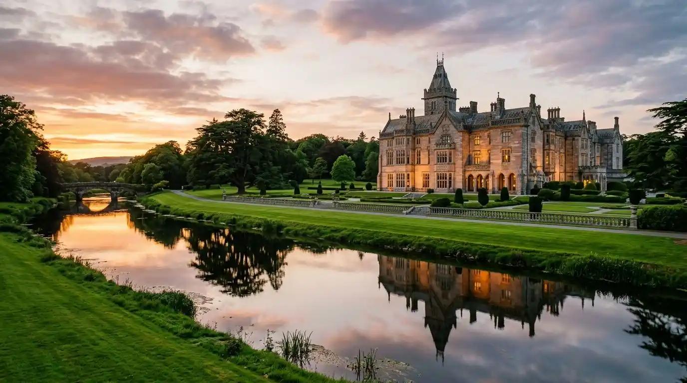 The majestic Adare Manor estate at sunset, the pinnacle of Irish luxury.