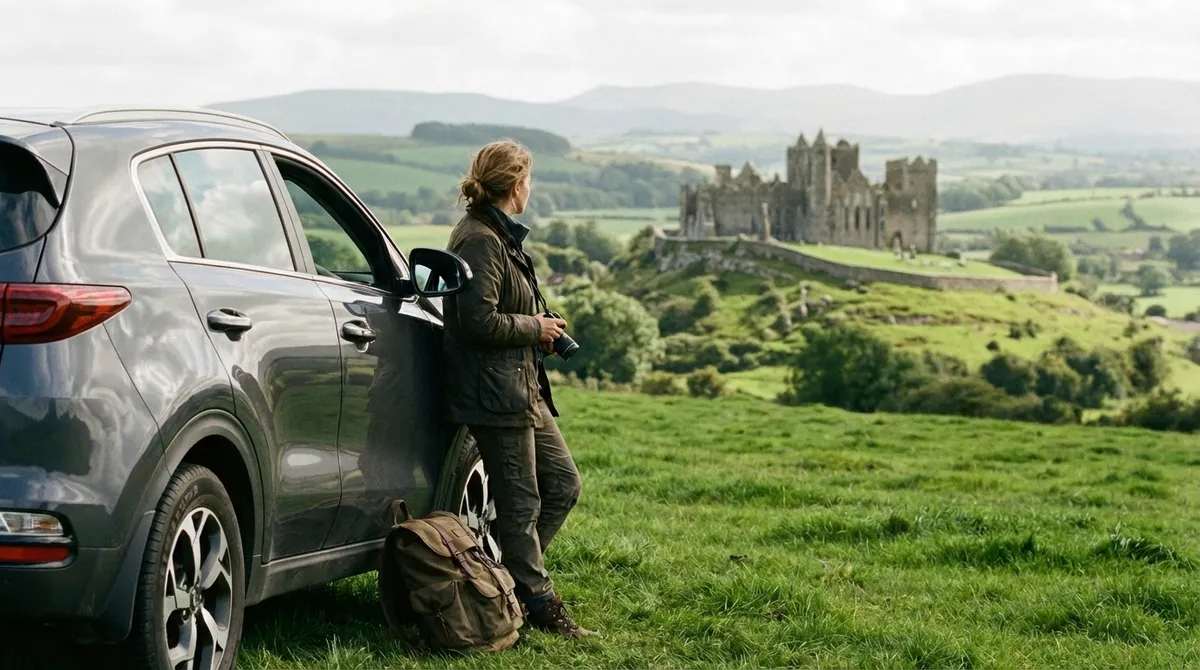 Traveler standing next to a car overlooking a scenic Irish landscape with a castle.
