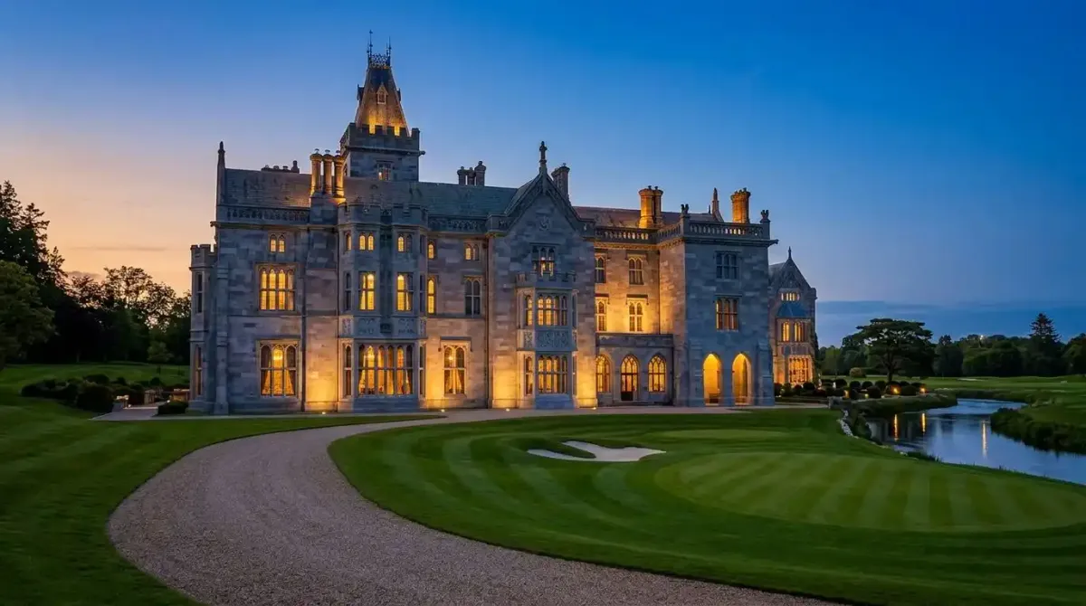 The magnificent exterior of Adare Manor luxury hotel estate during a bespoke golf tour of Ireland.
