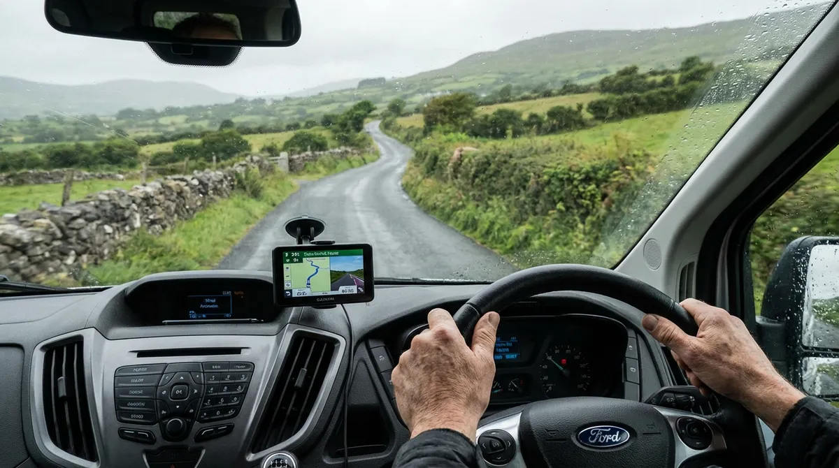 Driver's view in a modern car with GPS on a winding Irish country road