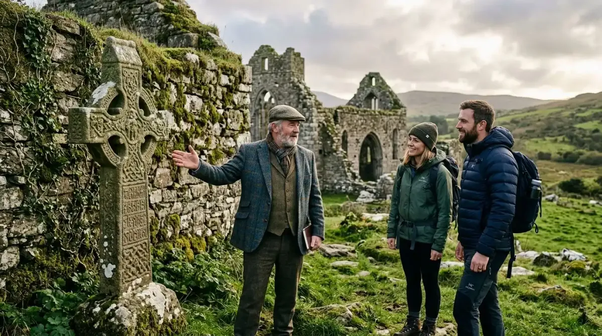 An exclusive private heritage guide sharing local history and folklore along a remote walking path.