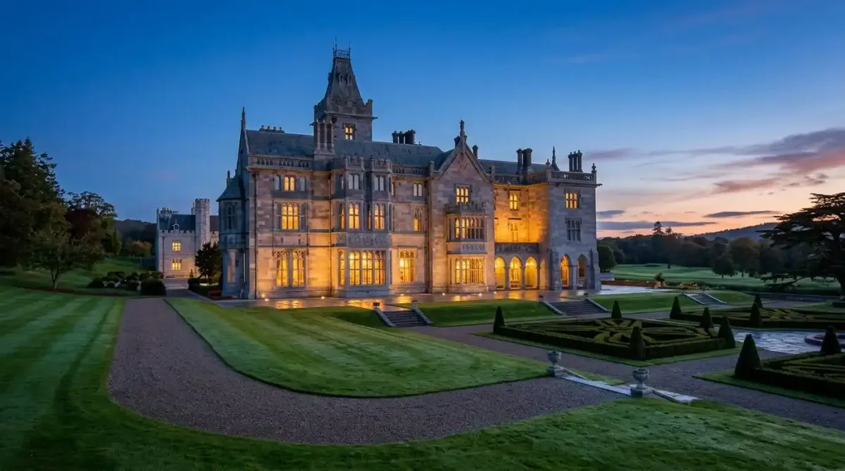 The magnificent exterior of Adare Manor luxury hotel estate during a bespoke golf tour of Ireland.