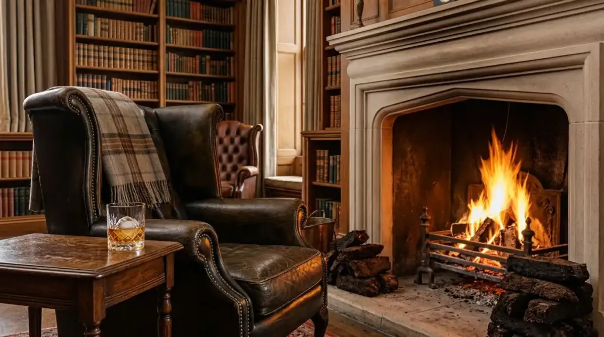 A warm turf fire in a luxury Irish hotel during winter.