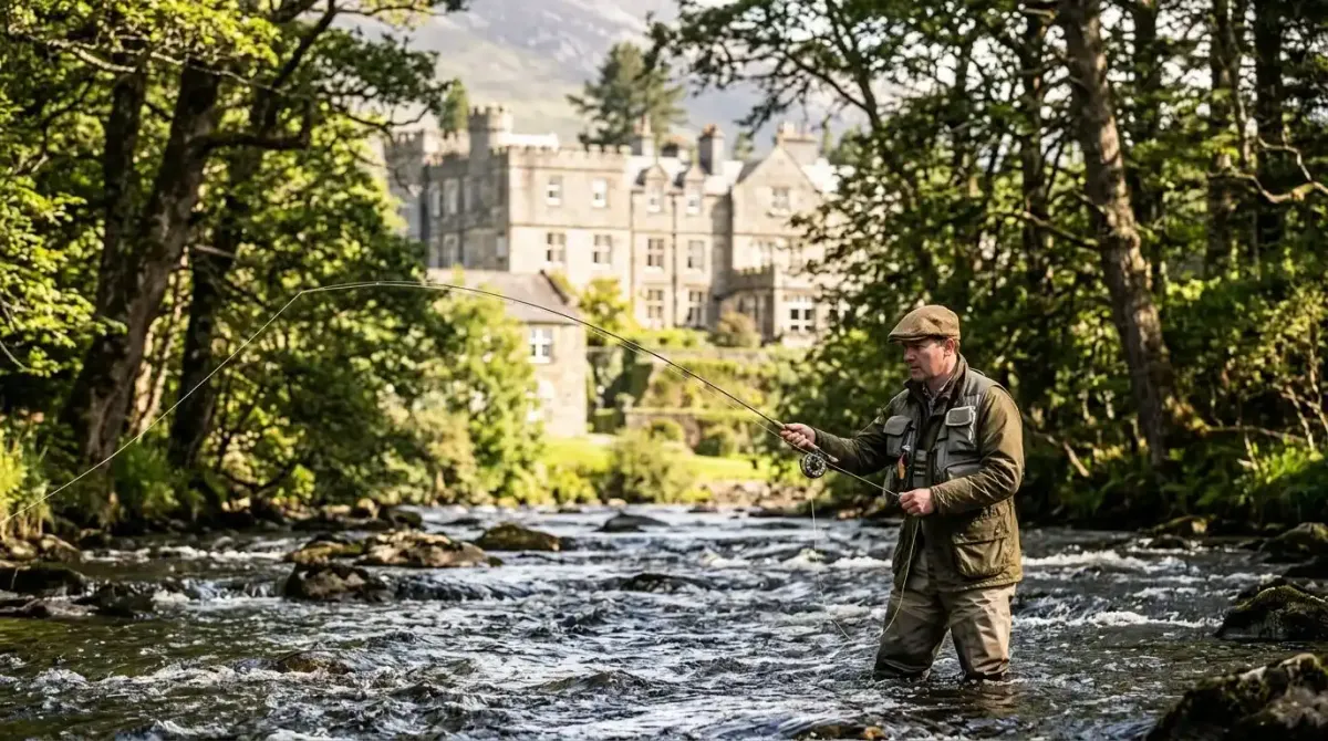 A guest fly-fishing on the private river at Ballynahinch Castle Hotel in Connemara.