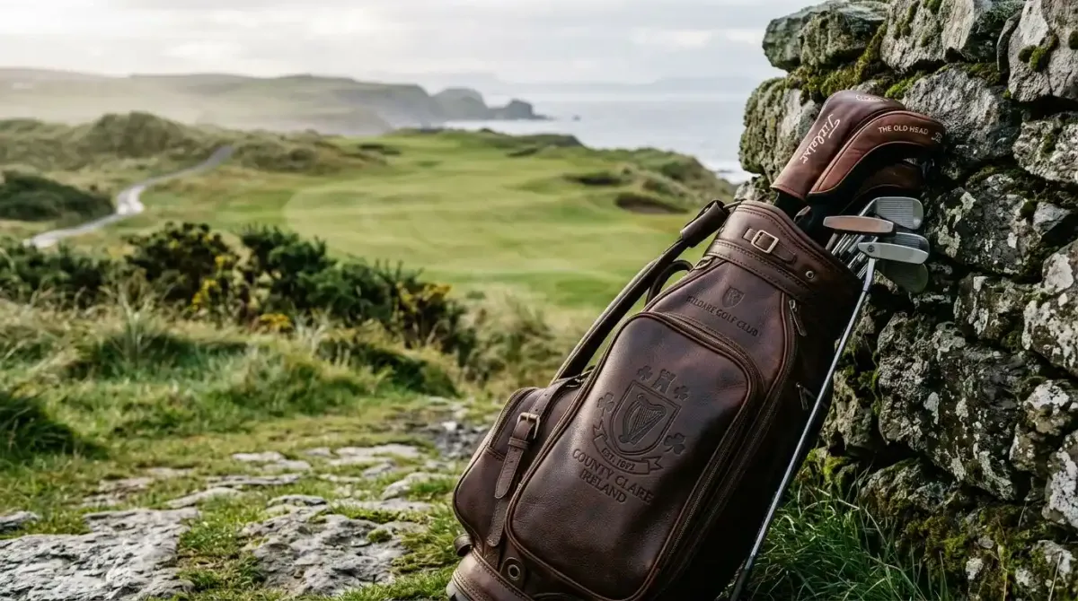 A luxury leather golf bag resting against a historic stone wall on an exclusive Irish links course.
