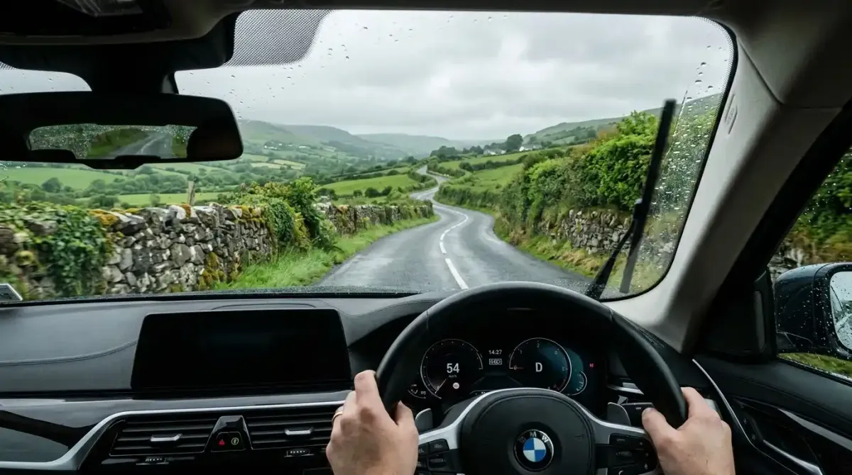 The view of a scenic Irish boreen from a luxury self-drive vehicle.