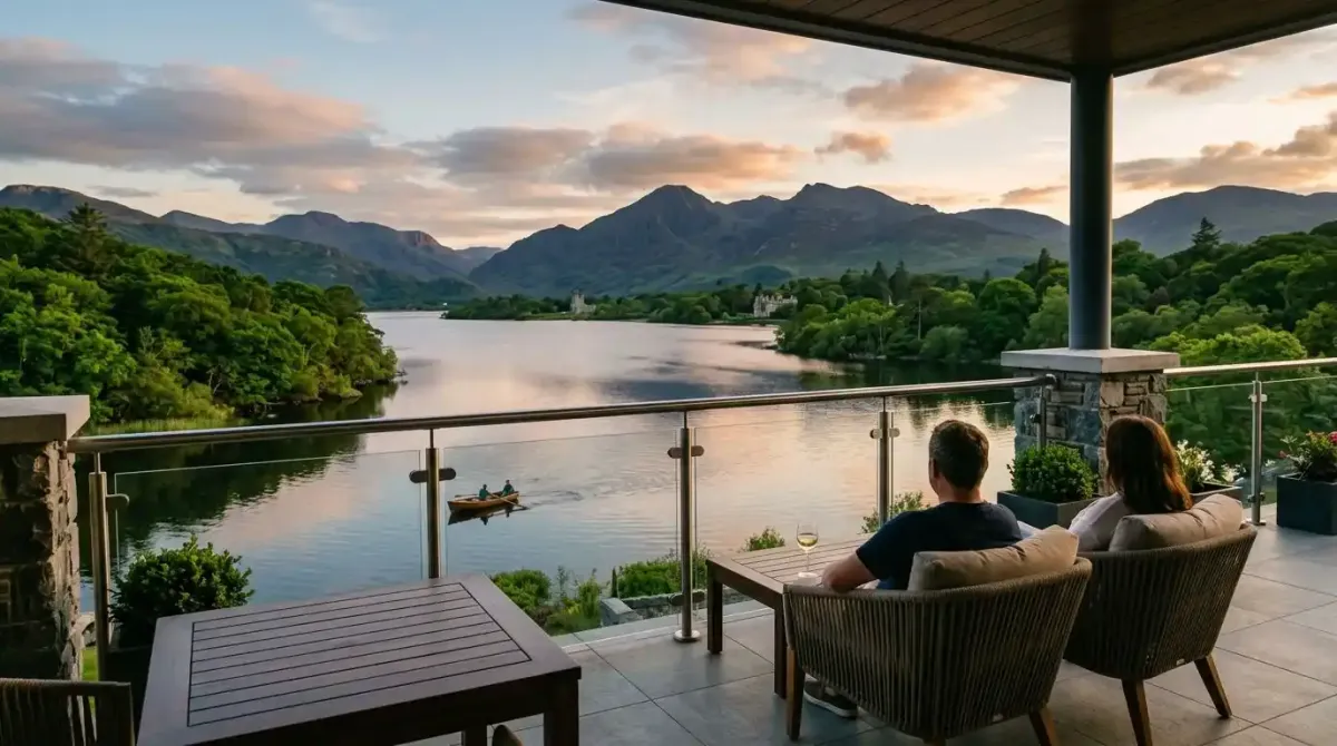 The stunning view of the Lakes of Killarney from a luxury hotel resort.