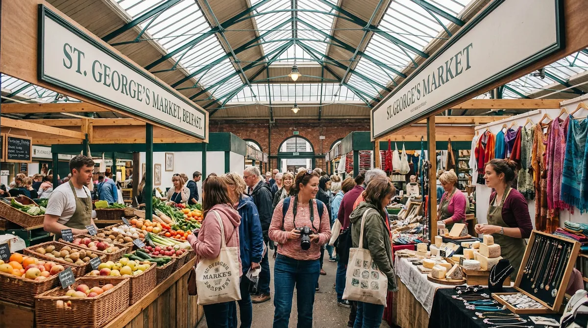 Bustling interior of St. George's Market with food and craft stalls.