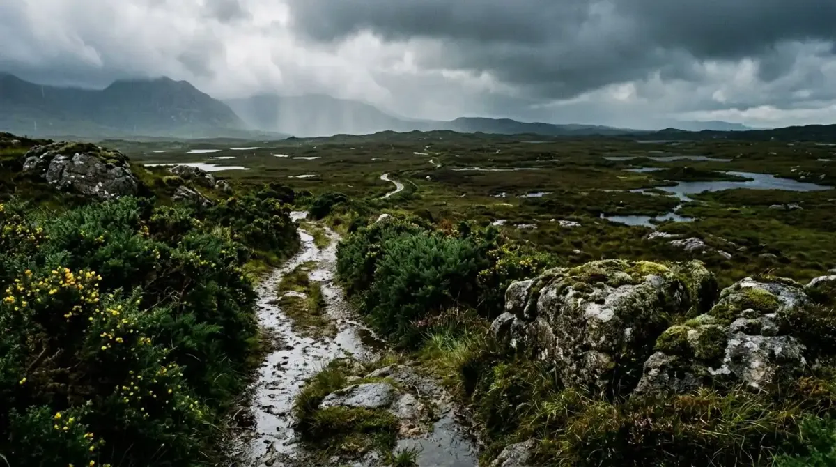 An unmarked historical walking track winding through a wild peat bog in the west of Ireland.