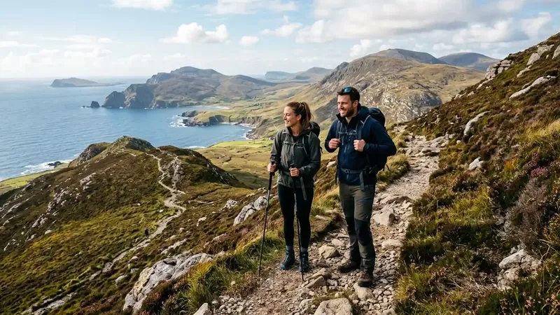 A couple hiking in Donegal on a luxury hiking tour in Ireland.