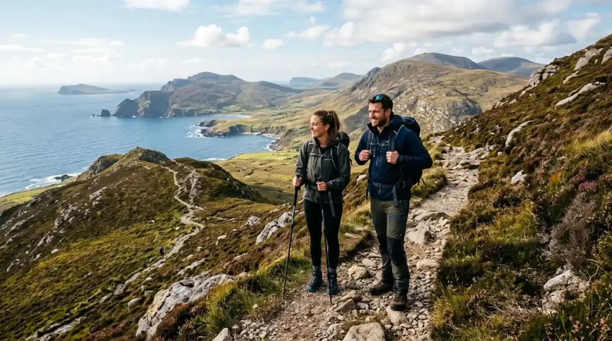 A couple hiking in Donegal on a luxury hiking tour in Ireland.