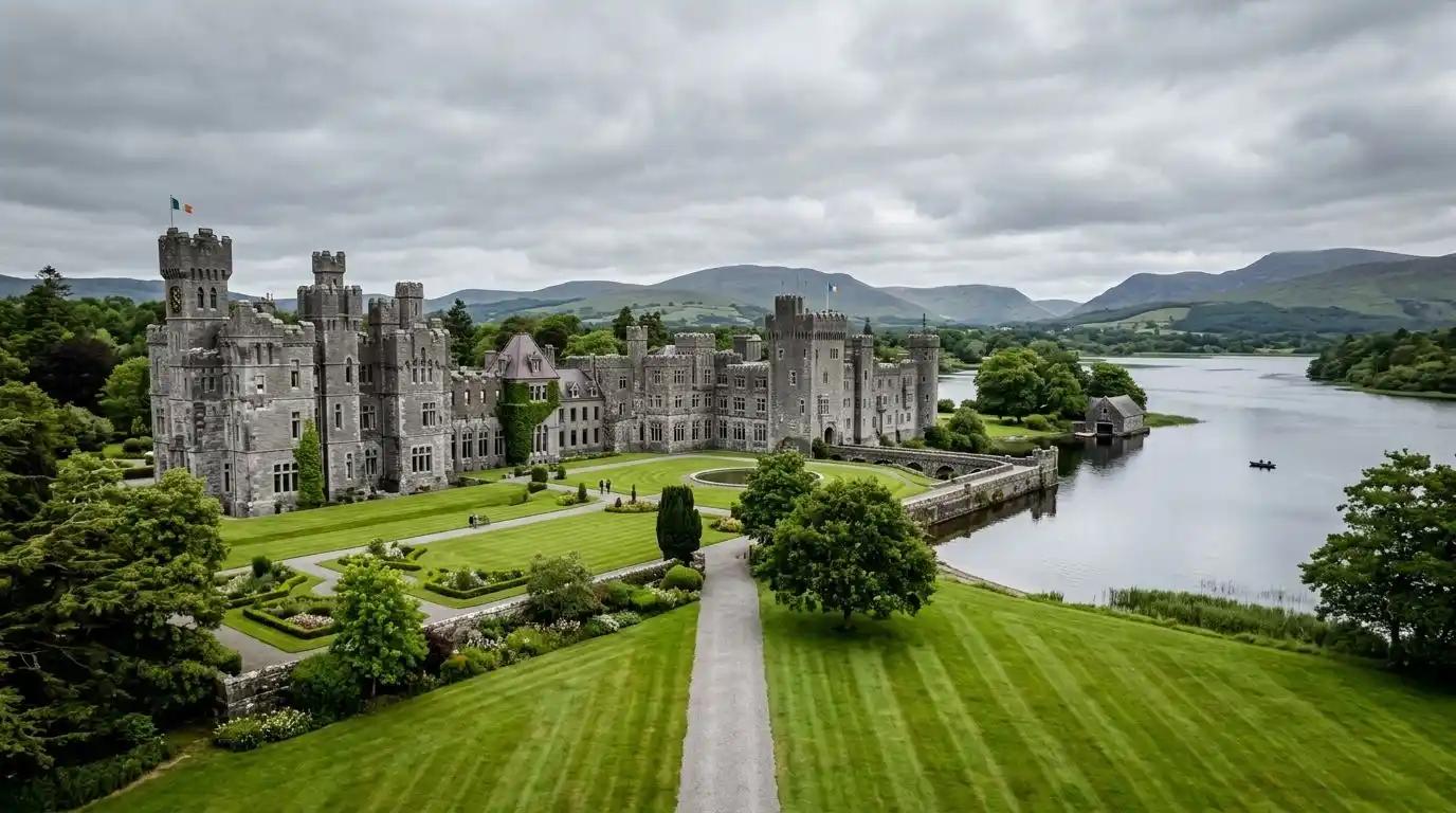 The grand exterior of Ashford Castle in County Mayo, Ireland.