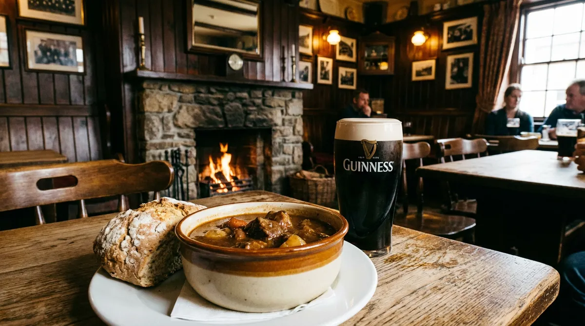 A hearty plate of traditional Irish pub food with a pint of Guinness in a cozy pub.