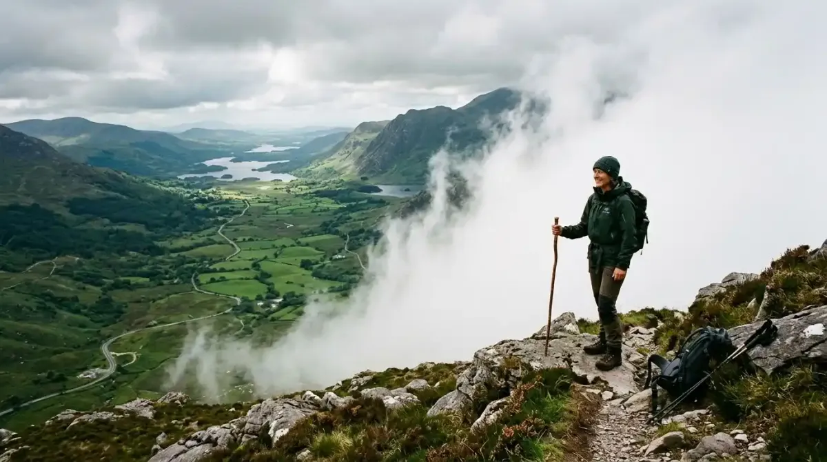Shifting Atlantic sea mist revealing a hidden valley track during a managed mountain walk.