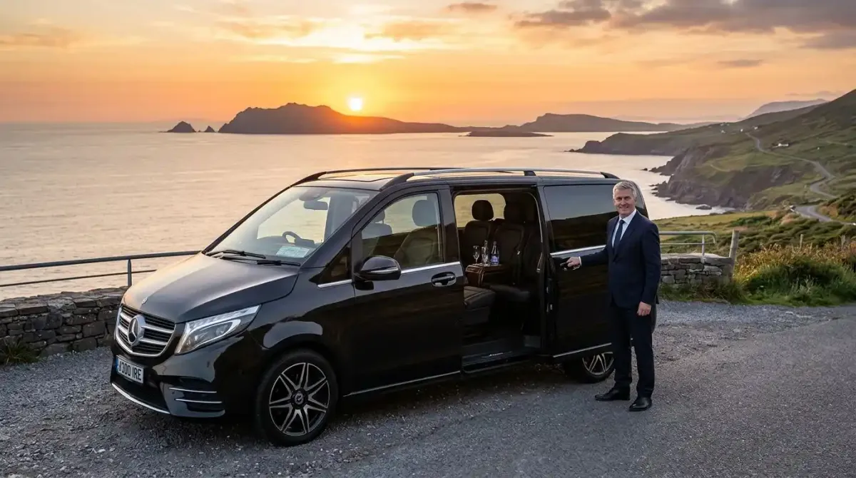 A premium Celtic Vacations private chauffeur vehicle waiting at a scenic peninsula overlook to collect luxury hikers.