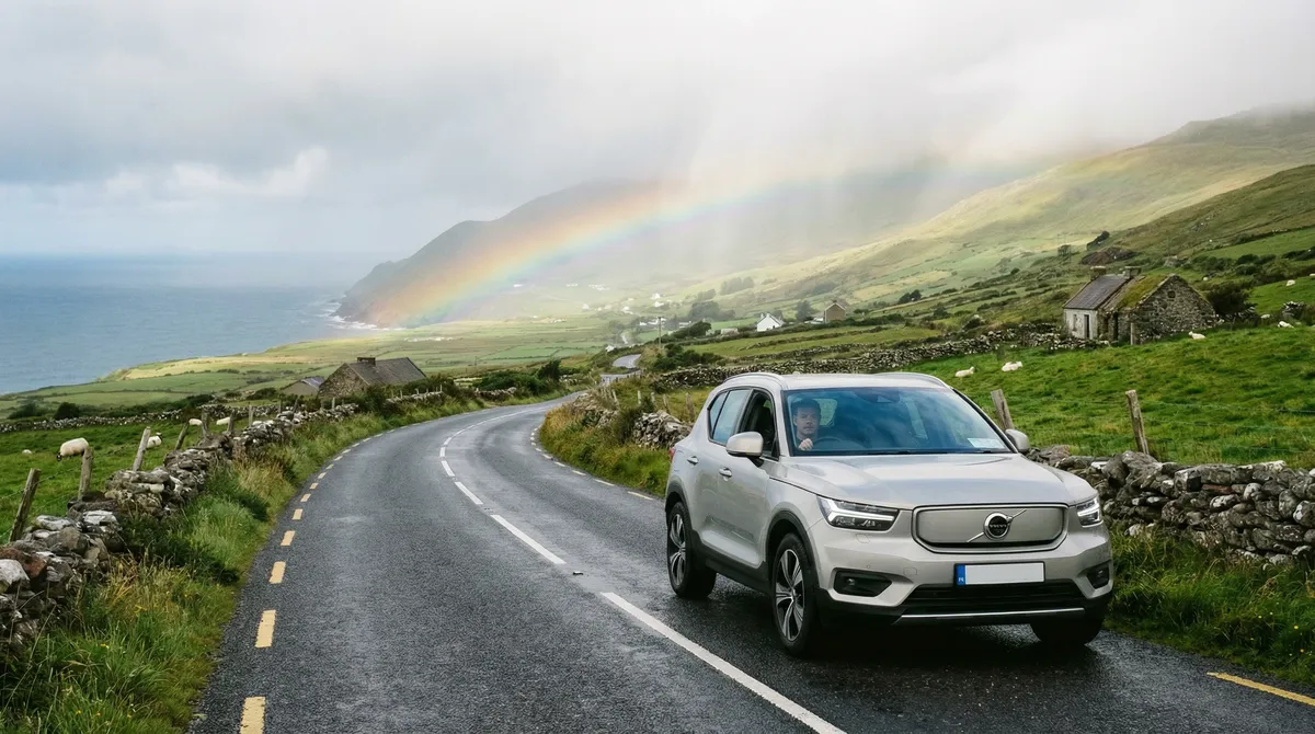 Modern rental car navigating a misty rural road in Ireland, showcasing adaptability to weather