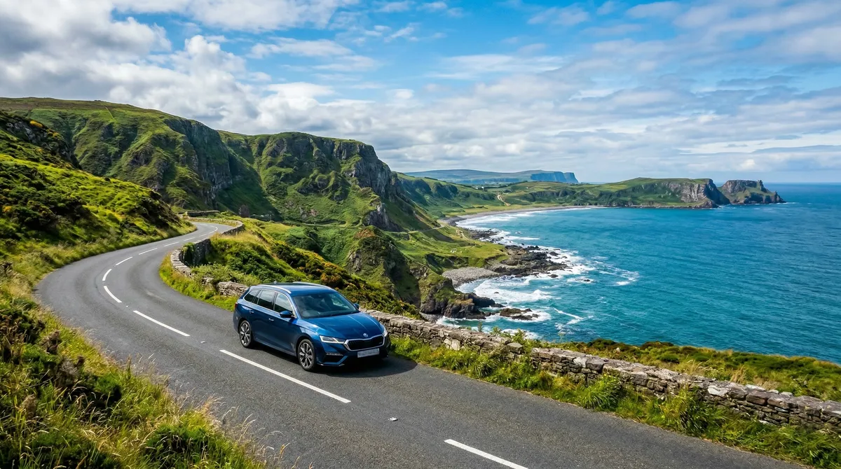 Modern Sedan driving along a scenic coastal road in Northern Ireland, symbolizing self-drive freedom