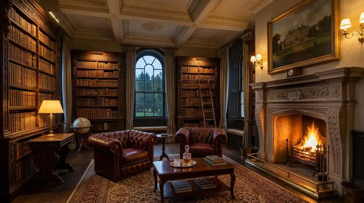 The private, restful library lounge of a historic country manor hotel included in a multi-night stay.