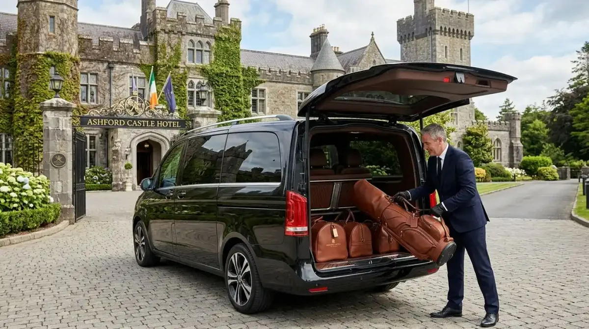 A premium private chauffeur vehicle being loaded with golf bags outside an exclusive luxury estate in Ireland.