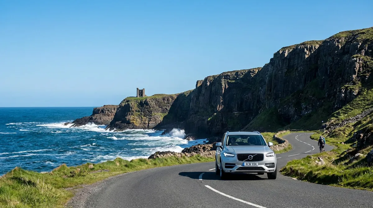 A modern commercial car driving on a scenic coastal road in Northern Ireland