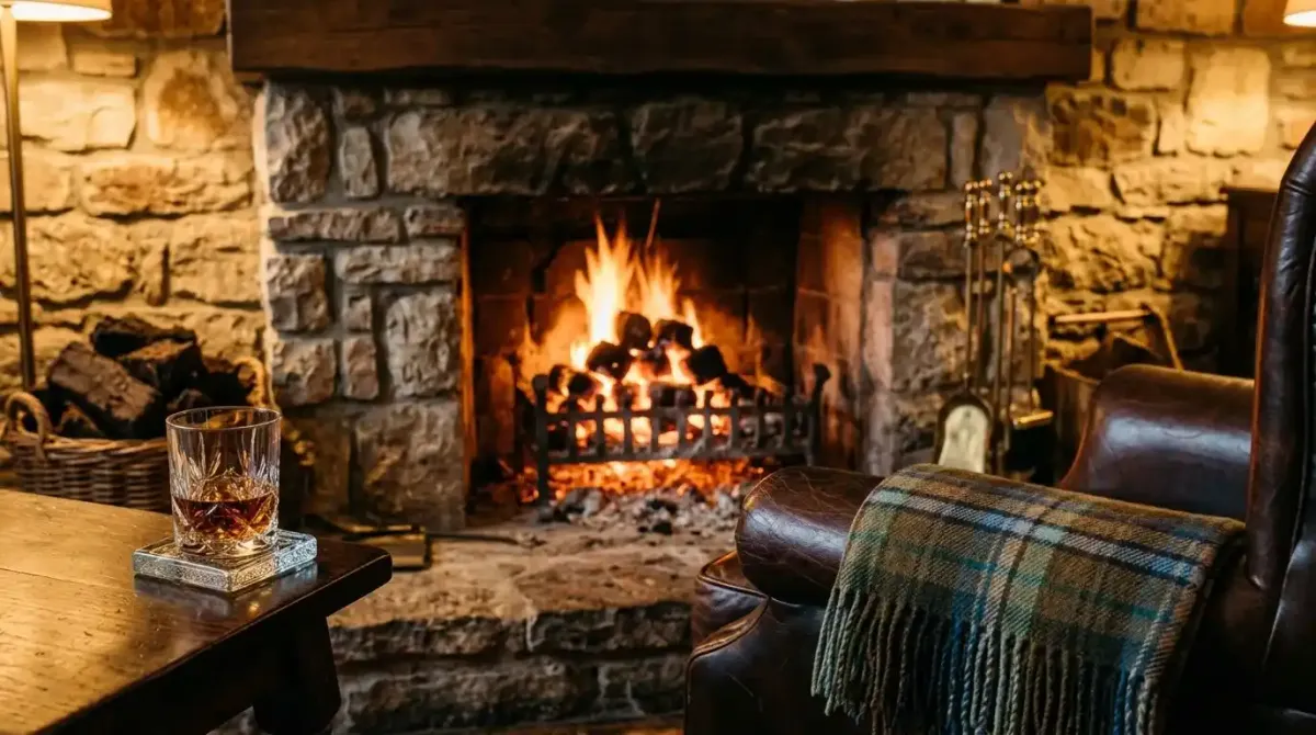 A cozy turf fire in a luxury Irish hotel, the perfect winter sanctuary.