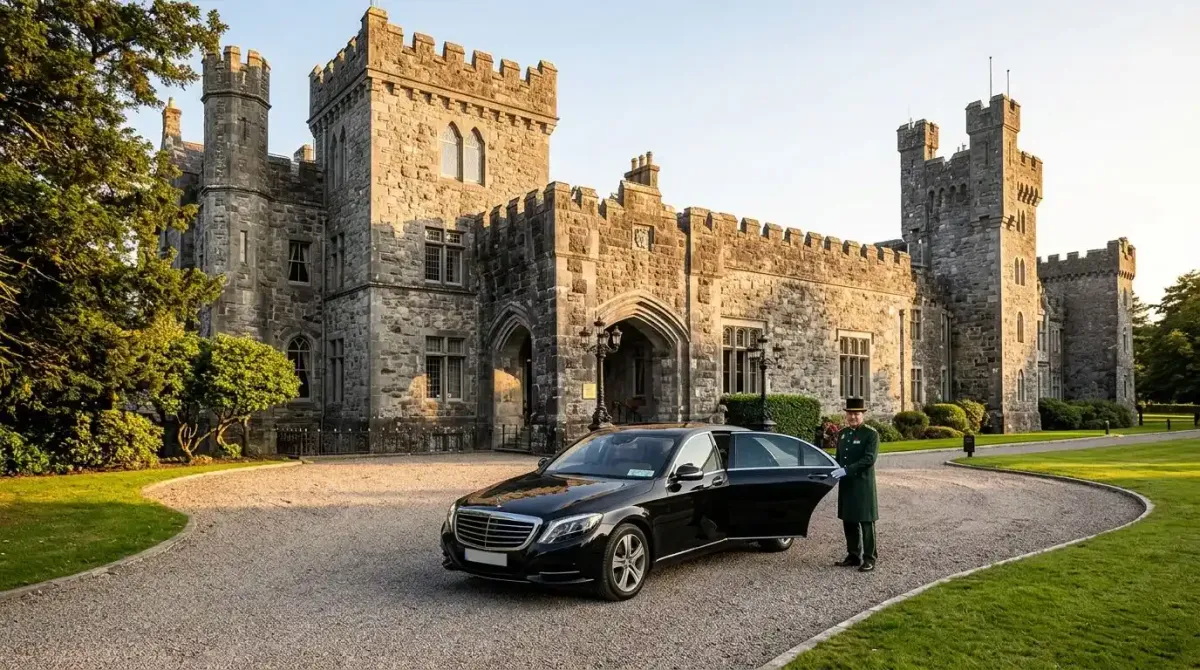A luxury car parked at the entrance of a 5-star Irish castle hotel.