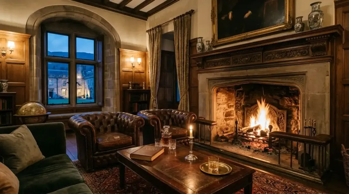 The warm, private library lounge of a historic 5-star castle hotel included in a premium package.