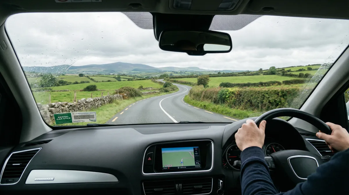 View from inside a right-hand drive rental car on the left side of an Irish road